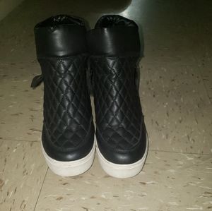 Black leather wedges
